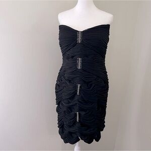 Daymor Couture Black Mesh Gathered Pleated Bow Strapless Cocktail Dress Size 14